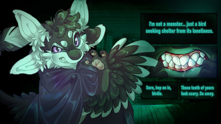 3_fingers 4_ears ambiguous_gender anthro black_body black_feathers black_finger_claws black_fur black_hair black_sclera blue_clothing blue_topwear bodily_fluids buckteeth building cape cape_only claws close-up clothing countershading creepy creepy_face creepy_smile cutaway dialogue dialogue_box dialogue_choice digitigrade dotted_background dripping drooling ellipsis face_closeup feathered_wings feathers finger_in_mouth fingers fish_hooking fur gameplay_mechanics green_light grin grinning_at_viewer hair house looking_at_viewer mostly_nude multi_ear night open_mouth outside pattern_background pawpads paws pulling_mouth purple_eyes roleplay saliva saliva_drip saliva_string scary showing_teeth simple_background sky smile smiling_at_viewer solo speech_bubble stretched_lips stretched_mouth tail talking_to_viewer teeth text topwear town tuft tufted_fur white_body white_feathers white_fur winged_arms wings kuro_i_pescha no_i'm_not_a_human fyr_(fenrir784) avali avian bird 16:9 2025 colored digital_drawing_(artwork) digital_media_(artwork) english_text hi_res shaded widescreen