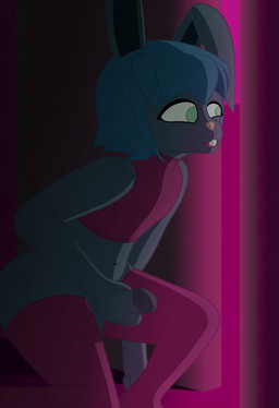 anthro bottomless clothed clothing crop_top door erection femboy genitals legwear looking_at_another looking_through male masturbation navel open_door open_mouth peeping shirt solo spying thigh_highs through_door topwear voyeur watching_from_afar moopsart quinn_(moopsart) lagomorph leporid mammal rabbit absurd_res hi_res