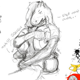 anthro big_breasts breasts clothing dialogue duo female female/female hug huge_breasts size_difference small_breasts smothering declu chili_peeps paradise_bell_(d.fletcher) monochrome sketch trans_(lore)