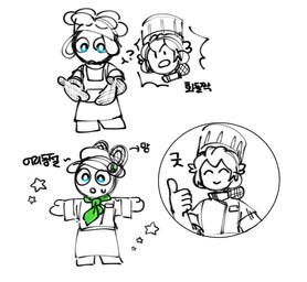 5_fingers anthro apron bent_arm biped black_eyes blue_eyes bodily_fluids chef chef_hat chef_uniform closed_smile clothed clothed_anthro clothed_female clothed_human clothed_male clothing confusion dialogue disembodied_head dot_eyes duo ears_down eyes_closed featureless_legs female female_human fingers fully_clothed fully_clothed_anthro fully_clothed_male fur gesture green_ascot grey_clothing grey_handwear grey_oven_mitts hair hair_bun hair_net hand_gesture handwear happy hat headgear headwear long_ears long_hair looking_at_another looking_at_own_hand male male_anthro mitten_hands mouth_closed name_tag net noseless open_mouth oven_mitts pivoted_ears pupils question_mark shirt simple_background simple_eyes smile speech_marker standing star_(shape) straight_arms sweat sweatdrop t-pose text thumbs_up topwear white_apron white_background white_body white_clothing white_fur white_hat white_headwear white_mouth white_pupils white_sclera white_shirt white_skin white_topwear bam_ml mario_bros mario_plus_rabbids_kingdom_battle nintendo raving_rabbids rayman_(series) ubisoft rabbid_luigi human lagomorph mammal rabbid 2023 crossover digital_drawing_(artwork) digital_media_(artwork) korean_description korean_text multiple_scenes partially_colored translation_request