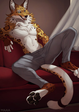 anthro biped claws clothed clothed_anthro clothed_male clothing countershade_torso countershading feet fingers front_view fur looking_at_viewer male navel partially_clothed partially_clothed_anthro partially_clothed_male sitting smile solo spots tail teeth toes tongue topless topless_anthro topless_male maaia canid canine mammal maned_wolf 2026 digital_drawing_(artwork) digital_media_(artwork) hi_res