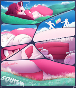 animal_genitalia animal_penis anthro aroused balls belly big_butt blush bodily_fluids butt cloud crush curvy_figure detailed_background dialogue erection extreme_size_difference fluffy fur genital_fluids genitals group hair huge_butt knot knotted_penis landscape lying macro male micro mountain nude oblivious on_front on_side outside penis pink_body pink_eyes precum size_difference sky sleeping smothering squish sweat tail text thick_thighs wakingup wide_hips belaro tillythefox animal_humanoid canid canine fox human humanoid mammal absurd_res comic digital_media_(artwork) english_text hi_res