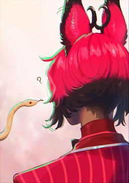 ambiguous_gender black_hair bob_cut clothed clothing duo feral hair question_mark rear_view red_hair simple_background undercut blackberreh hazbin_hotel hellaverse alastor_(hazbin_hotel) animal_humanoid deer deer_humanoid demon demon_humanoid humanoid mammal mammal_humanoid absurd_res digital_media_(artwork) hi_res