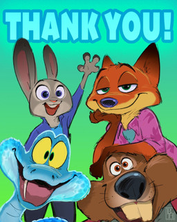 anthro clothing female female_anthro feral gesture group male male_anthro male_feral serpentine smile smiling_at_viewer thank_you_message waving byron_howard disney zootopia gary_de'snake judy_hopps nibbles_maplestick nick_wilde beaver canid canine european_rabbit fox lagomorph leporid mammal oryctolagus pit_viper rabbit red_fox reptile rodent scalie snake true_fox viper 2025 4:5 hi_res official_art