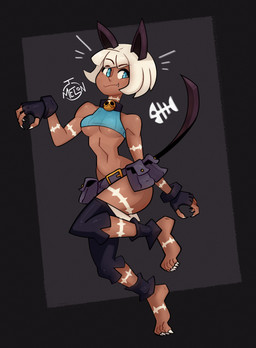 arm_scar barefoot bell bell_collar belt black_background blue_eyes bob_cut breasts claws clothing collar crop_top dark_body dark_skin decapitation_scar feet female fingerless_gloves foot_scar gloves hair handwear leg_scar legwear medium_breasts neck_scar one_fang pose scar shirt short_hair simple_background slim_female slim_humanoid small_waist smile solo tail tan_body tan_skin toe_claws topwear under_boob utility_belt white_hair wide_hips melonconcarne skullgirls nadia_fortune animal_humanoid cat_humanoid felid felid_humanoid feline feline_humanoid humanoid mammal mammal_humanoid 2020 digital_media_(artwork) full-length_portrait hi_res portrait signature