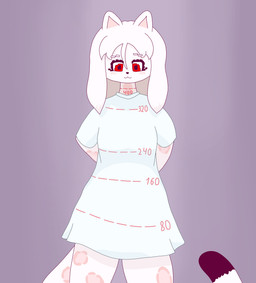 anthro bottomless breasts clothed clothing dipstick_tail eyelashes facial_markings female fur hair head_markings long_hair long_tail markings red_eyes shirt shirt_only simple_background small_breasts solo spots tail tail_markings topwear topwear_only white_body white_fur white_hair foxmaidsus meme_clothing rafinada_(foxmaidsus) felid leopard mammal pantherine hi_res meme