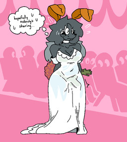 antennae_(anatomy) anthro biped bodily_fluids bouquet breasts bulge cleavage clothed clothing crowd detailed_bulge dress embarrassed erection erection_under_clothing flower freckles genital_outline grey_body grey_hair group gynomorph gynomorph_anthro hair holding_bouquet holding_flower holding_object intersex intersex_anthro penis_outline pink_background plant simple_background solo standing sweat sweaty_thought_bubble text thought_bubble wedding wedding_dress white_clothing white_dress raewtf moth_(raewtf) arthropod insect lepidopteran moth english_text