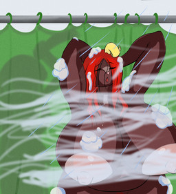 ambiguous_gender anthro areola bathing big_breasts blissful breasts duo female female/ambiguous hair horn imminent_death intruder navel nude oblivious open_mouth pube_peek pubes red_hair shower shower_curtain showering soap suds weapon tamboribora psycho_(movie) chona bovid caprine goat mammal absurd_res hi_res
