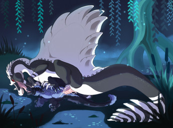 black_body blue_body blue_eyes bodily_fluids claws cum cum_in_vagina cum_inside detailed_background duo erection feathers female female_feral female_penetrated feral feral_on_feral feral_penetrated feral_penetrating feral_penetrating_feral french_kissing genital_fluids genitals interspecies kissing larger_male lying male male/female male_feral male_penetrating male_penetrating_female night on_side open_mouth outside outside_sex penetration penile penile_penetration penis penis_in_vagina plant red_eyes reeds ridged_penis sail_(anatomy) saliva sex sharp_teeth size_difference smaller_female smaller_penetrated tail teeth tree vaginal vaginal_penetration vulva white_body owishka mazie_(hjtm) sledzax dinosaur dromaeosaurid feathered_dinosaur feathered_scalie prehistoric_species reptile saurischian scalie spinosaurid spinosaurus theropod hi_res