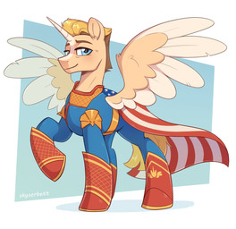 blaze_(marking) blonde_hair blue_eyes cape clothing crows_feet facial_markings hair head_markings horn looking_at_viewer male markings ponification solo superhero superhero_costume wings skysorbett hasbro my_little_pony mythology the_boys_(series) homelander_(the_boys) equid equine mammal mythological_creature mythological_equine winged_unicorn hi_res