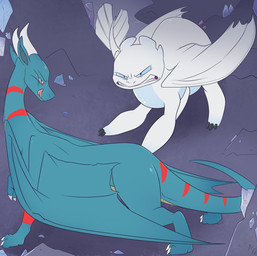 2_horns back_wings blue_eyes cave claws clenched_teeth duo female feral grey_body horn inside looking_at_another male markings membrane_(anatomy) membranous_wings quadruped red_eyes red_markings standing teeth white_body wings fuf dreamworks european_mythology how_to_train_your_dragon mythology dragoviir nubless dragon fury_(httyd) light_fury mythological_creature mythological_scalie scalie western_dragon 2019 hi_res