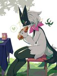 3_fingers 3_toes ambiguous_gender anthro chair claws container cup detailed_food eating feet finger_claws fingers food fur furniture grass green_body green_fur heart_symbol holding_food holding_object holding_sandwich kemono paws pink_eyes pink_nose plant plate sandwich_(food) solo table text toes white_body white_fur kaminokefusa nintendo pokemon felid feline generation_9_pokemon mammal meowscarada pokemon_(species) 2023 detailed digital_media_(artwork) hi_res signature