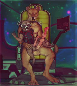 5_fingers 5_toes amber_eyes anatomically_correct anatomically_correct_genitalia anatomically_correct_penis animal_genitalia animal_penis anthro armor balls barefoot beckoning big_penis biped black_clothing black_topwear bodily_fluids body_armor bottomless bottomless_anthro bottomless_male bracelet brown_body brown_eyes brown_fur chair chest_armor claws clothed clothing collar control_panel cosmic_background duo ear_piercing electronics erection facial_markings feet fingers fluffy fluffy_tail fossa_penis fur furniture genital_fluids genitals gesture head_markings inside inside_spaceship jewelry larger_anthro larger_male licking licking_lips logo long_penis looking_at_viewer male male/male male_anthro markings mask_(marking) monitor mostly_nude mostly_nude_anthro mostly_nude_male nipples on_chair on_lap pawpads paws penile_spines penis piercing precum raccoon_penis raccoon_tail radar_display science_fiction screen sheath short short_anthro short_male shoulder_pads sitting sitting_on_another sitting_on_chair sitting_on_lap size_difference smaller_anthro smaller_male smile space space_background spacecraft spiked_bracelet spiked_collar spiked_shoulder_pads spikes tail technology toe_claws toes tongue tongue_out topwear vehicle whiskers white_whiskers window firefangdragon guardians_of_the_galaxy marvel rocket_raccoon euplerid fossa mammal procyonid raccoon 2025 artist_logo dated digital_media_(artwork) hi_res