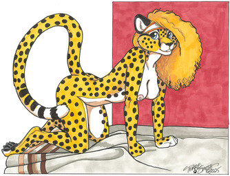 accessory all_fours anthro black_body black_fur black_pawpads blonde_hair blue_eyes breasts female fur hair headband headband_only looking_at_viewer nipples nude pawpads smile solo white_body white_fur yellow_body terrie_smith cheetah felid feline mammal 2025