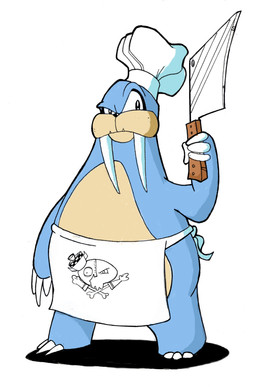 anthro apron belly big_belly blue_body chef_hat claws clothing hat headgear headwear holding_knife holding_object knife male open_mouth sharp_teeth solo standing tan_body teeth tusks keith_webb activision crash_bandicoot_(series) crash_twinsanity rusty_walrus mammal marine pinniped walrus 2004 absurd_res concept_art hi_res