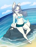 4_toes anthro barefoot beach bikini bikini_top clothing cloud eyewear feet female hair rock seaside sky solo sunglasses swimwear toes two-piece_swimsuit arctic-sekai arctic_ikume arctic_wolf canid canine canis mammal wolf hi_res