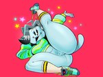 anthro big_breasts big_butt blue_body bottomless breasts butt clothed clothing cropped_sweater fangs female flexible footwear genitals hair innie_pussy midriff pussy raised_leg red_background shoes simple_background simple_eyes skimpy smile socks solo sweater teeth thick_thighs topwear third-party_edit wolftangart undertale undertale_(series) temmie_(undertale) canid canine felid feline mammal tem 2022 4:3 hi_res