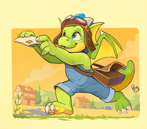 anthro barefoot blue_clothing blue_eyes blue_overalls claws clothed clothing ear_frill eyewear eyewear_on_head feet finger_claws frill_(anatomy) glistening glistening_eyes goggles goggles_on_head green_body green_tail holding_letter horn logo male membrane_(anatomy) membranous_wings open_mouth overalls running solo tail toe_claws white_claws white_horn wings yellow_body yellow_frill yellow_tail yellow_wings young young_anthro young_male pandapaco mythology brokenwing dragon mythological_creature mythological_scalie scalie artist_logo signature