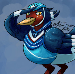 beak blue_body clothing feathered_crest feathered_wings feathers feet female feral gesture hat head_crest headgear headwear markings red_markings salute silvertiburen tail tail_feathers white_body white_markings wings yellow_eyes gyrotech nintendo pokemon mistral_(gyro) avian bird generation_3_pokemon pokemon_(species) swellow hi_res