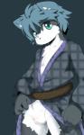 anthro big_eyes black_nose blue_hair briefs bulge clothing fur glowing grey_body grey_fur hair kemono looking_at_viewer male robe simple_background solo teal_eyes tighty_whities underwear white_body white_briefs white_clothing white_fur white_underwear young young_male kurokiriririri unknown_species hi_res