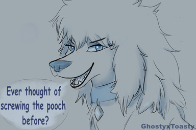 blue_eyes collar dialogue female feral fluffy hair looking_at_viewer solo teeth text tongue ghostyxtoasty roslyne_(ghostyxtoasty) canid canine canis domestic_dog mammal poodle 3:2 absurd_res english_text hi_res