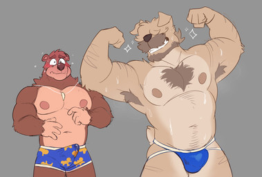 anthro anthro_on_anthro armpit_hair beard blush blush_lines bodily_fluids body_hair brown_body brown_fur bulge chest_hair clothed clothing countershade_torso countershading duo erection erection_under_clothing facial_hair flexing floppy_ears fur genital_fluids grey_background head_tuft jewelry jockstrap male male/male mature_male muscular muscular_anthro muscular_male mustache navel neck_tuft necklace nipples pattern_clothing pattern_underwear pecs precum precum_through_clothing precum_through_underwear simple_background smile sparkles sweat tan_body tan_fur teeth tenting tuft underwear wet wet_clothing boar_on_board banjo-kazooie rareware banjo_(banjo-kazooie) mutt_(deliverymutt) bear canid canine canis domestic_dog mammal 2022 hi_res