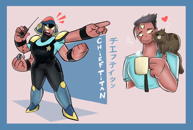 3_eyes 4_arms 4_fingers ambiguous_feral ambiguous_gender armor athletic athletic_female athletic_humanoid bar_emanata black_armor black_bottomwear black_bracelet black_clothing black_pants blue_armor blue_border blue_text border bottomwear bracelet breasts brown_body brown_fur brown_spots bulletproof_vest clothing coffee_mug domestic_pet duo emanata facial_markings female female_humanoid feral fingers fist fur furgonomic_topwear furgonomics greaves grey_hair hair head_markings heart_reaction holding_coffee_mug holding_whistle jewelry kabuto_(helmet) knee_pads larger_female larger_humanoid markings multi_arm multi_eye multi_limb nuzzling pants police police_officer police_uniform red_body red_emanata red_heart red_markings red_skin religion shoulder_pads size_difference smaller_ambiguous smaller_feral spots star_badge steam tear_(marking) teeth text uniform whiskers whistle_(object) yellow_armor artist-exhale asian_mythology buddhism east_asian_mythology japanese_mythology mythology asura_(buddhism) domestic_cat felid feline felis humanoid mammal yokai 2024 character_name colored english_description english_text hi_res japanese_text