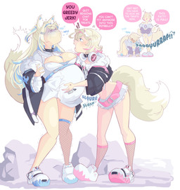 all_fours angry areola areola_slip belly belly_expansion belt big_belly big_breasts big_shoes bloated blonde_hair bodily_fluids bottomwear breasts bulging_breasts burping cleavage clothed clothing collar dipstick_tail dress duo erect_tail expansion fat_shaming female hair hand_on_another's_belly hand_on_belly huge_burp ill imminent_burp innocent_expression insult jacket markings nipple_outline onomatopoeia rumbling_stomach shadowed_eyes shaking shirt skirt sound_effects speech_bubble standing struggling stuffing tail tail_markings talking_to_another talking_to_viewer tears text thick_thighs topwear trembling white_clothing softservice hololive hololive_en vtuber fuwawa_abyssgard mococo_abyssgard animal_humanoid canid canid_humanoid canine canine_humanoid dog_humanoid humanoid mammal mammal_humanoid 2024 artist_name digital_media_(artwork) english_text hi_res