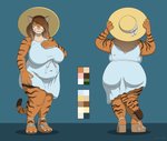 anthro belly big_breasts breasts brown_stripes butt clothed clothing dress female footwear fur green_eyes hair hat headgear headwear multicolored_hair navel orange_body orange_fur overweight overweight_anthro overweight_female paws plantigrade pose sandals shoes slightly_chubby slightly_chubby_female solo stripes sun_hat sundress tight_clothing two_tone_hair wide_brim_hat wide_hips solient lisa_(tiger) felid mammal pantherine tiger absurd_res hi_res model_sheet trans_(lore) trans_woman_(lore)