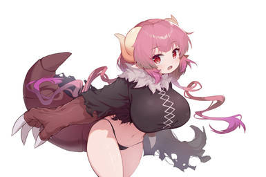animal_arms big_breasts black_clothing black_panties black_shirt black_topwear black_underwear breasts claws clothed clothed_female clothing female hair horn huge_breasts midriff navel open_mouth panties pantsless pink_hair pointy_ears pupils red_eyes sharp_teeth shirt simple_background slit_pupils solo tail teeth topwear torn_clothing underwear white_background pppppggggg miss_kobayashi's_dragon_maid mythology ilulu animal_humanoid dragon dragon_humanoid humanoid mythological_creature mythological_scalie scalie absurd_res hi_res portrait three-quarter_portrait