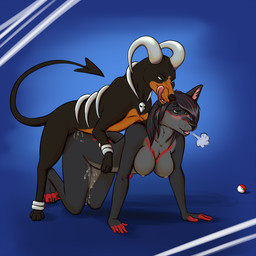 all_fours anthro anthro_on_feral anthro_penetrated bestiality black_body black_fur black_hair black_nose blue_background blue_eyes blush bodily_fluids breasts butt cum cum_drip cum_inside cum_on_butt cum_on_leg doggystyle dripping duo feet female female_on_feral female_penetrated feral feral_penetrating feral_penetrating_anthro fingerless_(marking) from_behind_position fur genital_fluids green_eyes hair horn interspecies male male/female male_on_anthro male_penetrating male_penetrating_female mount penetration pink_body pink_fur pokephilia red_body red_fur red_hair sex simple_background toeless_(marking) tongue tongue_out peanertgallery nintendo pokemon kaptainarr_(character) canid canine canis generation_2_pokemon houndoom mammal pokemon_(species) wolf 1:1 hi_res