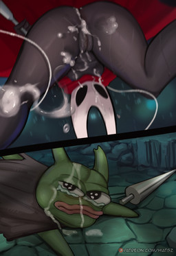 anus biped black_body black_cape black_clothing black_skin bodily_fluids breasts butt cape clothed clothing cosplay crying cum cum_drip cum_in_ass cum_in_vagina cum_inside cum_on_face dripping duo female genital_fluids genitals green_body green_skin horn lips looking_at_another looking_at_viewer looking_down looking_down_at_viewer low-angle_view lying male medium_breasts melee_weapon on_front on_ground red_cape red_clothing sword tears upskirt vulva weapon hiatsz apu_spills_his_nuggies hollow_knight_(franchise) team_cherry hornet_(hollow_knight) pepe_the_frog the_knight_(hollow_knight) arthropod humanoid insect 2025 absurd_res hi_res meme