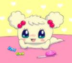 anthro bed big_eyes blush candy dessert ear_piercing female food furniture green_eyes heart_symbol lollipop looking_at_viewer lying nude piercing solo toony young young_anthro young_female o-gotchirice-o tamagotchi kiraritchi