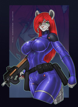 anthro belt blue_eyes clothing colored_nails eye_through_hair female gun hair nails p90 purple_clothing purple_skinsuit ranged_weapon red_dot_sight red_hair red_nails skinsuit solo submachine_gun tight_clothing translucent translucent_hair weapon wmdiscovery93 nelle_(fyrephase) felid mammal pantherine snow_leopard hi_res