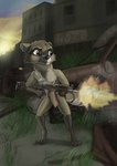 abandoned_building abandoned_city ak74 anthro assault_rifle brown_body brown_eyes car city cityscape ears_back gun holding_object holding_weapon male pivoted_ears raccoon_tail ranged_weapon rifle shooting solo sunset vehicle weapon wolfyalex96 mammal procyonid raccoon hi_res