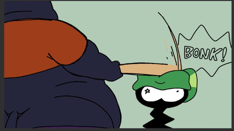 anthro baseball_bat bat_(object) beanie black_body blue_body blue_fur bonk_(sound_effect) bottomwear butt_cleavage clothing duo female fur green_background green_beanie green_clothing green_hat green_headwear hat headgear headwear hitting humor male morbidly_obese obese orange_clothing orange_shirt orange_topwear overweight pants purple_bottomwear purple_clothing purple_pants shirt simple_background sound_effects star_eyes topwear violence y_shaped_butt_crack kasa_beanie night_in_the_woods kasabeanie_(kasa_beanie) mae_borowski domestic_cat felid feline felis mammal shadow_creature 2023