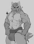 abs anthro big_bulge bulge clothing jockstrap looking_at_viewer male muscular muscular_anthro muscular_male nipples pecs solo underwear sleepyandshine canid canine canis mammal wolf hi_res monochrome