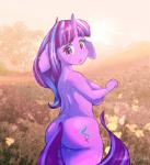 alternate_hairstyle anthro anthrofied big_breasts blush breasts butt cutie_mark exposure_variation eyebrows eyelashes female field floppy_ears flower hair horn looking_at_viewer looking_back meadow multicolored_hair nude open_mouth plant purple_eyes purple_hair rear_view side_boob sky solo standing thick_thighs tongue tree two_tone_hair young woofarin friendship_is_magic hasbro my_little_pony mythology starlight_glimmer_(mlp) equid equine mammal mythological_creature mythological_equine unicorn 2018 hi_res portrait signature three-quarter_portrait