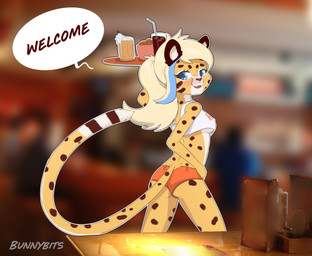 adolescent anthro beverage biped blonde_hair blue_eyes blue_hair bottomwear breasts brown_spots butt butt_pose clothing container countershading cup dialogue eyelashes fangs female food fur hair holding_object holding_tray hotpants loli markings mug multicolored_hair nipple_outline open_mouth orange_bottomwear orange_clothing orange_hotpants orange_shorts pose serving serving_beverage serving_food shorts side_boob smile solo speech_bubble spots spotted_body spotted_fur spotted_markings spotted_tail striped_body striped_fur striped_markings striped_tail stripes tail tail_markings teeth text three-quarter_view topwear tray two_tone_hair under_boob waiter white_body white_clothing white_fur white_inner_ear white_topwear yellow_body yellow_fur young young_anthro young_female bunnybits conditional_dnp cheetah felid feline mammal 2018 digital_media_(artwork) english_text hi_res shaded signature