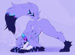 5_fingers anthro ass_up black_body black_fur black_sclera blue_body blue_eyes blue_fur claws digitigrade female fingers fur hair jack-o'_pose leg_markings long_hair looking_at_viewer markings multicolored_body multicolored_fur paintbrush_tail pose socks_(marking) solo two_tone_body two_tone_fur litchie_d rokos_(litchie_d) canid canine canis mammal wolf 2022