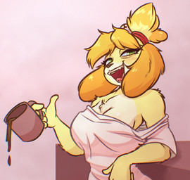 anthro awake beverage blush blush_stickers chest_tuft clothing coffee coffee_mug container cup eye_bags eyelashes female fur glistening_eyelids long_ears long_eyelashes mug narrowed_eyes nightgown pink_clothing pink_nightgown solo tuft yellow_body yellow_fur witchtaunter animal_crossing nintendo isabelle_(animal_crossing) canid canine canis domestic_dog mammal hi_res