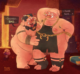 anthro apron apron_only armor armpit_fetish armpit_hair balls bodily_fluids body_hair clothing detailed_background duo ear_piercing flies_for_smell footwear genitals gold_(metal) headgear helmet male male/male moobs musk nipple_piercing nipples nude open_mouth open_smile overweight overweight_male penis piercing smile smiling_at_another smiling_at_partner sniffing socks speech_bubble sweat sweatdrop text tongue tongue_out tusks rigbylaveur a_minecraft_movie microsoft minecraft mojang xbox_game_studios general_chungus arthropod domestic_pig fly_(animal) insect mammal piglin suid suine sus_(pig) digital_media_(artwork) english_text hi_res