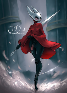 2_horns 5_fingers anthro balls biped black_body black_eyes blush bodily_fluids breasts clothed clothing clothing_lift dress dress_lift empty_eyes fingers flower genital_fluids genitals glans gynomorph holding_melee_weapon holding_object holding_weapon horn humanoid_genitalia humanoid_penis intersex logo melee_weapon penis plant precum red_clothing solo standing text thread vein weapon white_flower white_text nekurokami hollow_knight:_silksong hollow_knight_(franchise) team_cherry hornet_(hollow_knight) arthropod 2025 artist_logo english_text hi_res signature