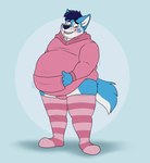 anthro blue_hair blush cheek_markings chubby_girly clothing facial_markings femboy green_eyes hair head_markings hoodie legwear male markings obese overweight overweight_anthro overweight_male pink_stockings solo stockings topwear underwear shikakaka wintie canid canine canis domestic_dog husky hybrid mammal nordic_sled_dog spitz wolf hi_res