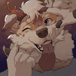 anthro blue_eyes clothing fur hair horn male simple_background smile solo teeth kazarart canid canine canis domestic_dog mammal digital_media_(artwork) hi_res icon