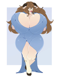 anthro big_breasts breast_squish breasts brown_body brown_eyes brown_fur brown_hair cleavage clothed clothed_anthro clothed_female clothing dress eyebrows eyelashes eyewear facial_markings female fur fur_markings glasses glistening glistening_breasts hair head_markings holding_breast hooves horn huge_breasts hyper hyper_breasts lips lipstick long_hair makeup markings mask_(marking) open_dress red_lips red_lipstick simple_background solo squish tan_body tan_fur irisu rosey_zerda_black bovid caprine goat mammal absurd_res hi_res