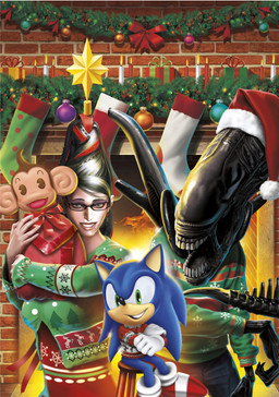 anthro female group holidays male unknown_artist alien_(franchise) bayonetta christmas platinumgames sega sonic_the_hedgehog_(series) super_monkey_ball aiai bayonetta_(character) sonic_the_hedgehog alien eulipotyphlan haplorhine hedgehog human mammal monkey primate absurd_res crossover hi_res official_art