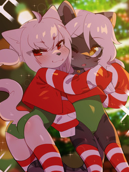 :3 ahoge anthro bell bell_collar blurred_background blush butt cat_tail christmas_tree clothing collar countershading cropped_sweater crotch_lines dark_body dark_fur dipstick_ears duo ear_markings eyebrow_through_hair eyebrows female fur glint green_clothing green_leotard hair holidays leaning_on_another legwear leotard long_hair looking_at_another looking_at_viewer mouth_closed multicolored_ears one_eye_closed open_mouth pattern_clothing pattern_legwear pattern_thigh_highs plant raised_eyebrow red_clothing red_eyes red_sweater red_topwear short_hair sleeves_past_wrists smug standing striped_body striped_clothing striped_fur striped_legwear striped_sleeves striped_thigh_highs stripes sweater tail thigh_highs topwear translucent translucent_hair tree wavy_tail white_body white_hair yellow_eyes young young_anthro young_female aoizuri christmas amalia_(claralaine) ghost_(claralaine) domestic_cat felid feline felis ghost mammal spirit 2024 absurd_res hi_res portrait three-quarter_portrait