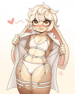 5_fingers anthro blonde_hair blush bra brown_eyes brown_markings bulge clothed clothing collarbone crossdressing ears_down embarrassed femboy fingers fur garter_belt garter_straps hair heart_(marking) heart_symbol looking_up male markings navel open_clothing panties pivoted_ears short_hair solo spots spotted_markings tan_body tan_fur underwear white_bra white_clothing white_panties white_underwear javafluffy lagomorph leporid mammal rabbit colored digital_drawing_(artwork) digital_media_(artwork) hi_res shaded