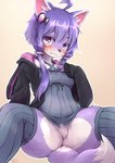 5_fingers anthro black_clothing black_hoodie black_topwear blush bodily_fluids bottomless breasts clothed clothing featureless_crotch female fingers fur hair hoodie kemono long_hair purple_body purple_eyes purple_fur purple_hair simple_background solo spreading spread_legs sweat topwear shiitakemeshi vocaloid yuzuki_yukari canid canine canis domestic_dog mammal hi_res